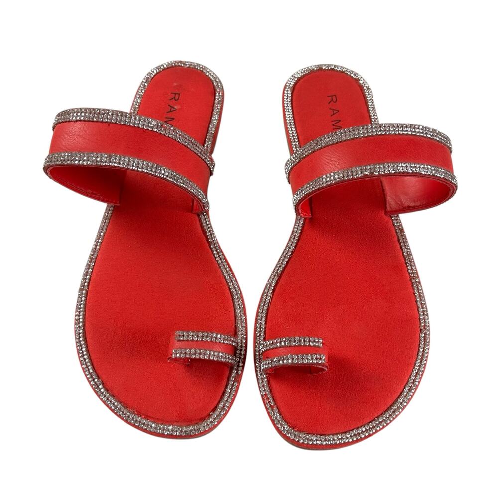 Rampage Rhinestone Flats Women Sz 5.5M Red Embellished Toe Loop Slip On Sandals
